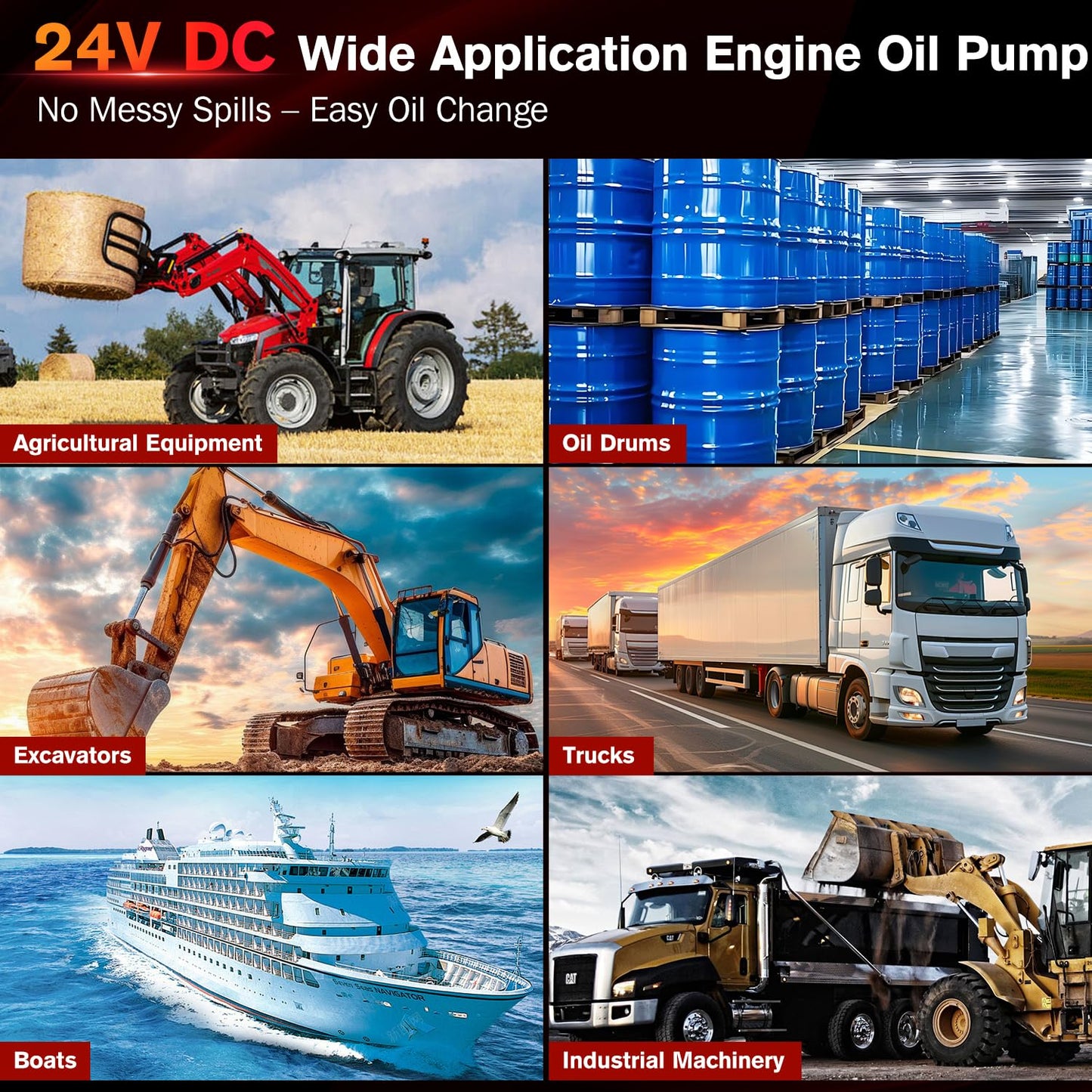 STEAUTY Oil Change Pump, 3.2 GPM Self Priming Gear Pump, 24V Electric Oil Transfer Pump with 10FT Steel Wire Hose, Rugged Metal Gears for Marine Boat Truck Excavators Industrial Machinery
