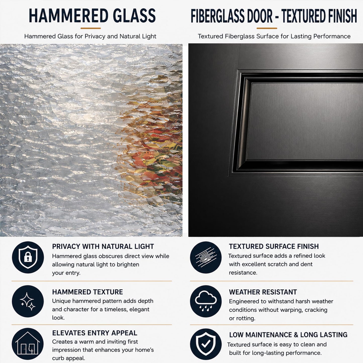 53x80in Fiberglass Front Door with 14in Sidelight, Black Exterior Entry Door for House, Right-Hand Inswing, Textured Finished with Hammered Glass Knock-Down Door, Vinyl Frame and Brickmould Included