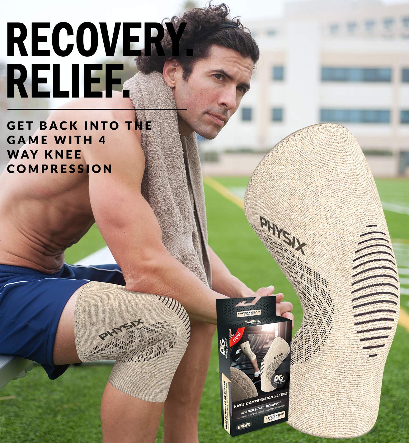 PHYSIX GEAR Knee Support Brace - Premium Recovery & Compression Sleeve for Meniscus Tear, ACL, MCL Running & Arthritis - Best Neoprene Stabilizer Wrap for Crossfit, Squats & Workouts (Single Beige M)