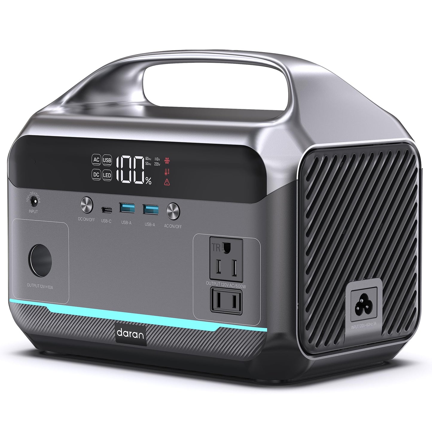 DARAN Portable Power Station 600W (1200W Peak), 288Wh Solar Generator LiFePO4 Battery with AC DC Outlets, 2hrs Fast Charging, 7-Port Design for Emergency, Hurricane (Solar Optional)