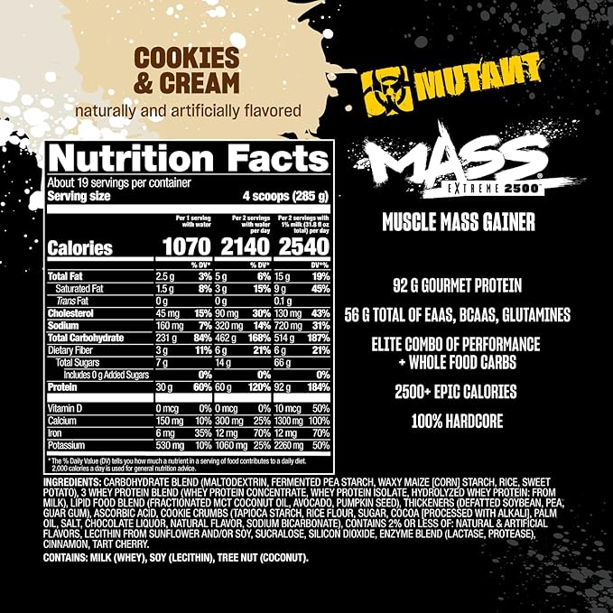 Mutant Mass Extreme Gainer ??Whey Protein Powder ??Build Muscle Size and Strength ??High Density Clean Calories (Cookies and Cream, 12 lbs)