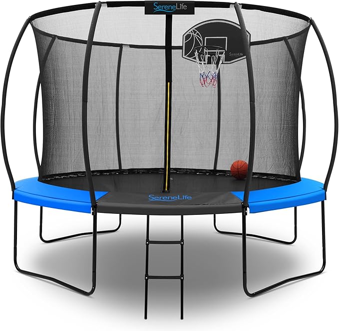 SereneLife 8FT 10FT 12FT 14FT Outdoor Trampoline for Kids and Adults – ASTM Certified Heavy-Duty Backyard Trampoline with Safety Poles, Net Enclosure, and Stable Anti-Rust Frame