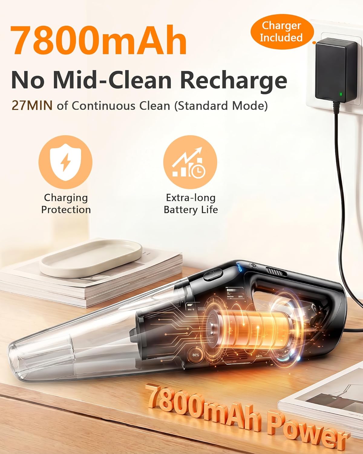 PowerSpeed CleanView Portable Handheld Vacuum - 16000Pa Strong Suction & 1000mL Dust Cup | Cordless LED Vacuum for Quick Home Cleaning