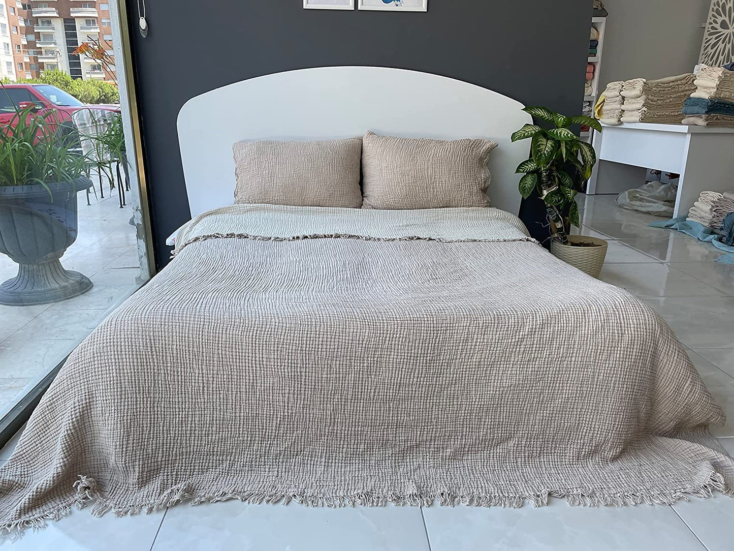DEKADRON 100% Cotton Muslin Throw Blanket, 4 Layers Bedspread, Soft Turkish Cotton Muslin Bed Cover, Reversible Coverlet, Mink (Full/Queen Size 91x95-230x240cm)