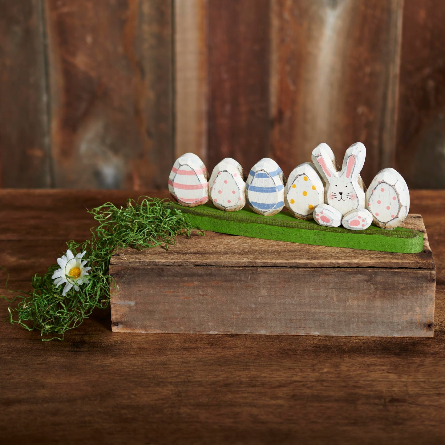 Primitives by Kathy Handmade Easter & Spring Collection Bunny & Eggs Wood Sitter and Green Grass Base