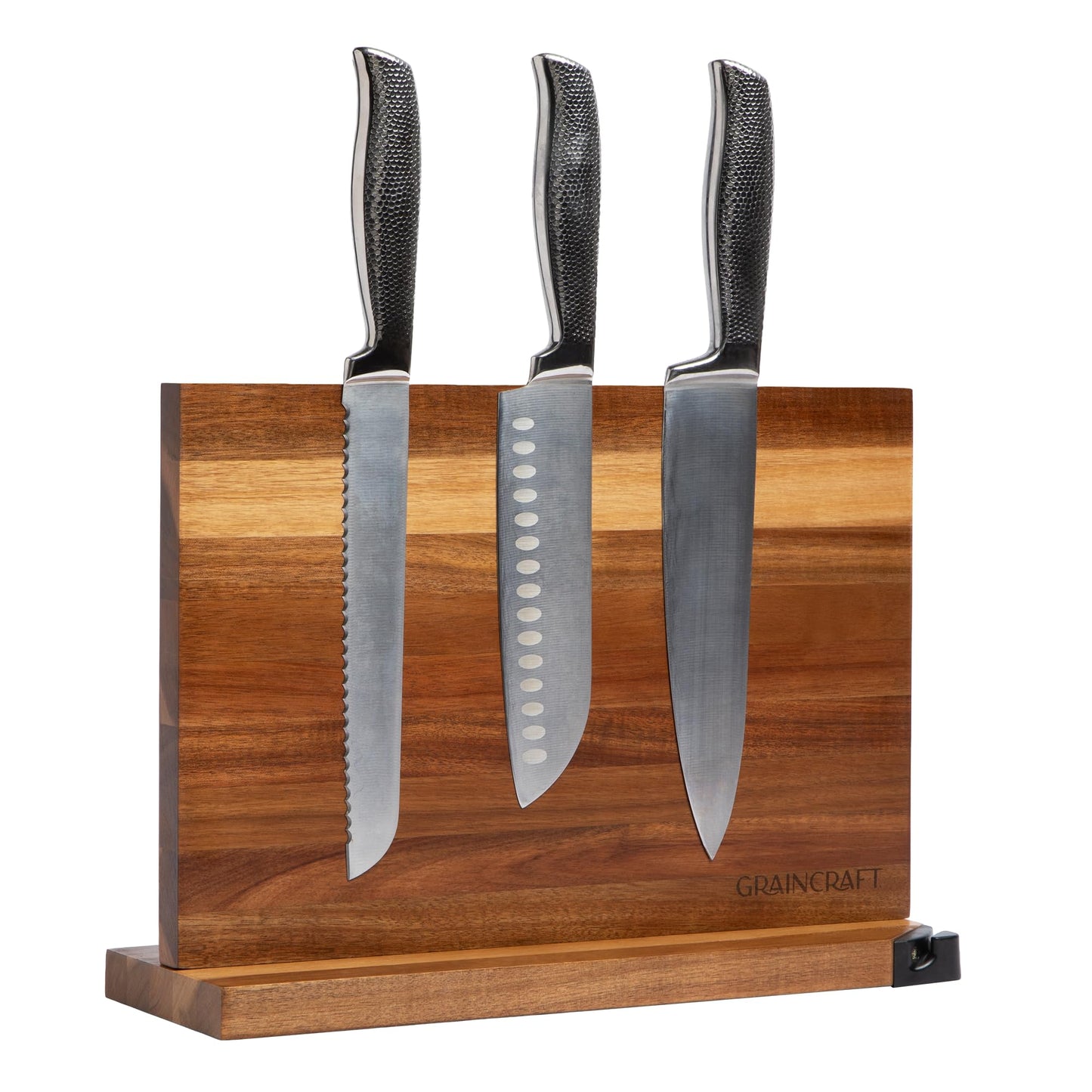 Graincraft Magnetic Knife Block with Sharpener, Countertop Magnetic Knife Holder, 3X Double Sided Magnet Knife Stand, Non-Slip Base, Kitchen Knife Storage Organizer (Acacia)