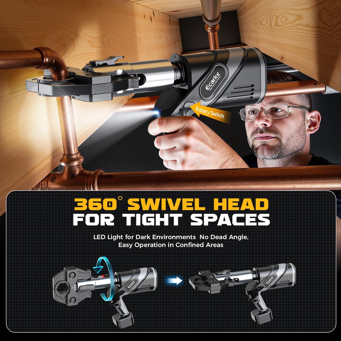 Ecarke Pro Press Tool Compatible with DeWalt 20V battery, Electric Pipe Crimping Tool for 1/2" to 2" Copper Pipes, 360° Rotation Automatic Crimper with Brushless Motor, Tool Only