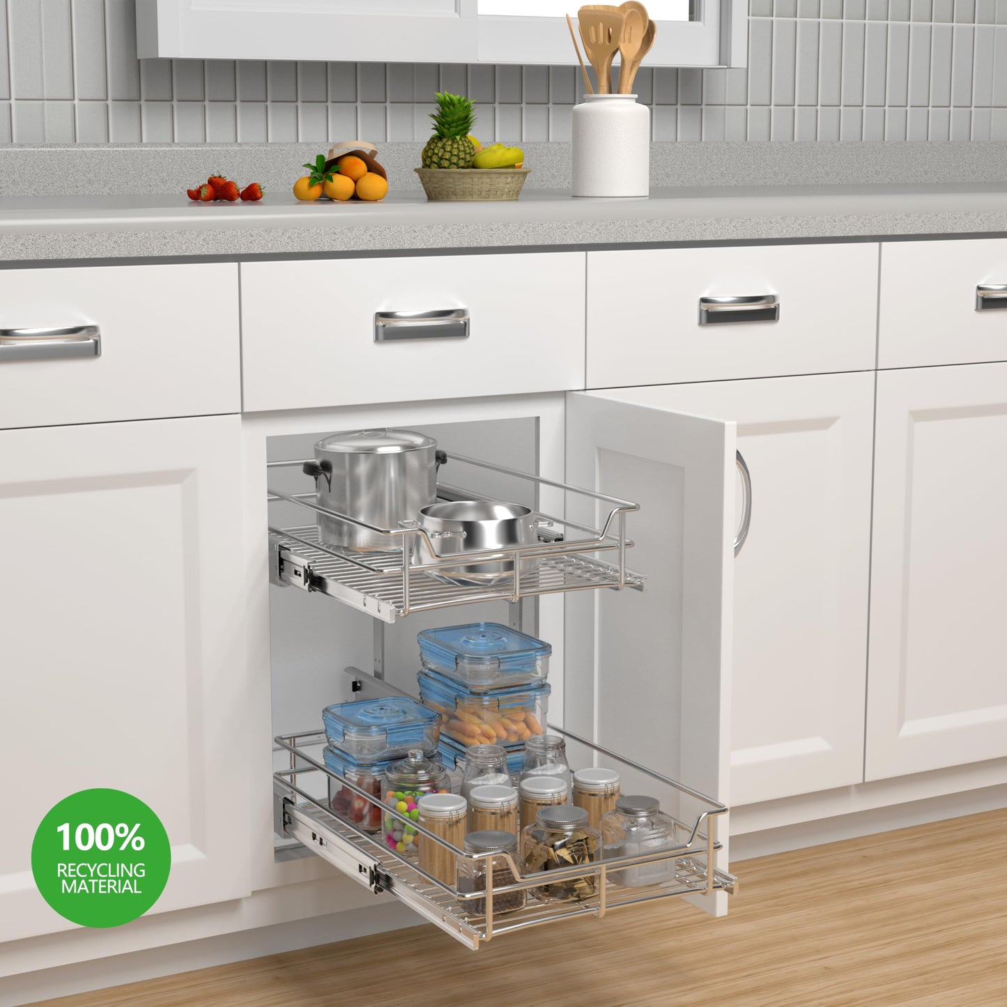 JOWBOOW 2-Tier Cabinet Pull Out Shelves (14" W x 22" D), Slide Out Shelves for Kitchen Cabinets, Metal Under Cabinet Roll Out Shelf