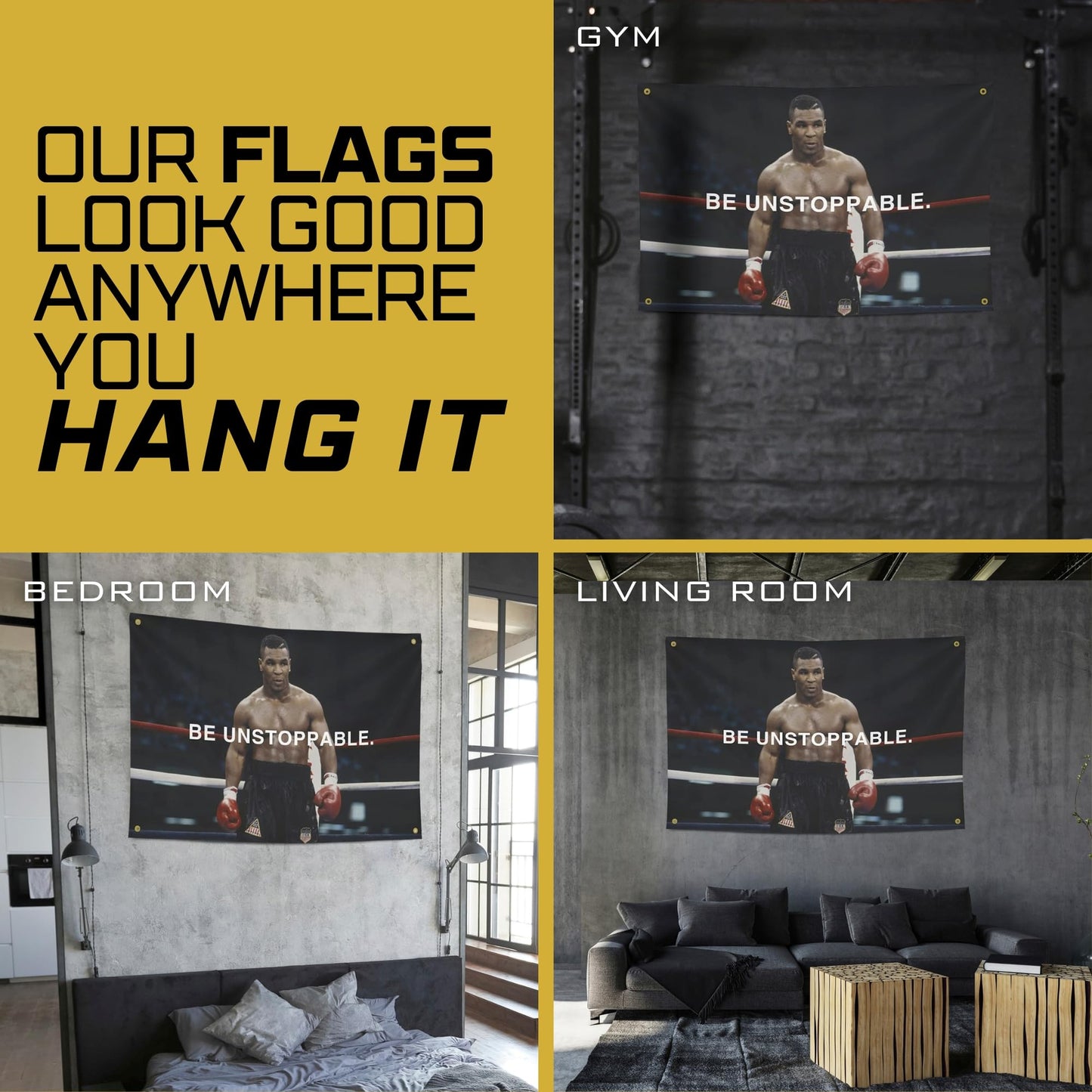 Gold Trident Flags Be Unstoppable Motivational Gym Flag – Mike Tyson Poster – Discipline Banner for Gym, Dorm, Home Workout Space – Fitness Wall Decor – Durable Polyester, Double Stitched - 3x5 Feet