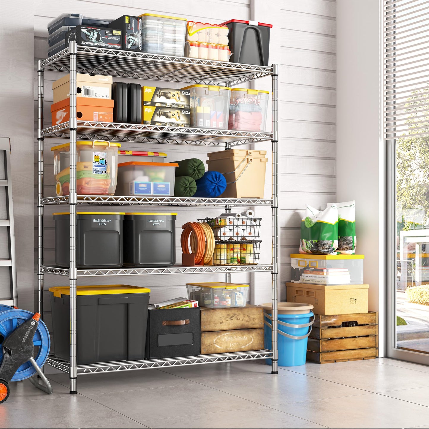 REIBII 73''H Storage Shelves 1660LBS Wire Shelving Unit with Wheels 5 Tier Metal Shelving,Heavy Duty Metal Shelves for Storage Rack,Commercial Industrial for Garage Kitchen 73''HX35''WX15''D,Chrome