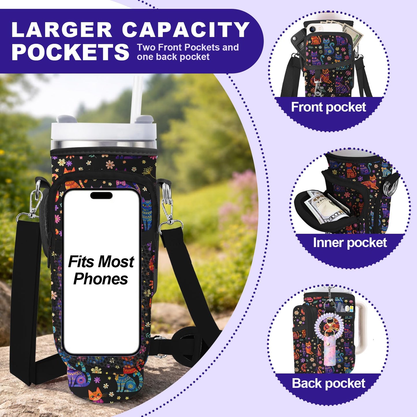 WOHAXAHOW Cat Stanley Water Bottle Bag with Adsjust Strap for 30/40 Oz Tumbler, Water Bottle Carrier with 3 Pockets, Cleaning Brush & Straw Cover, Stanley Cup Carrier Bag for Walking, Gym, Yoga