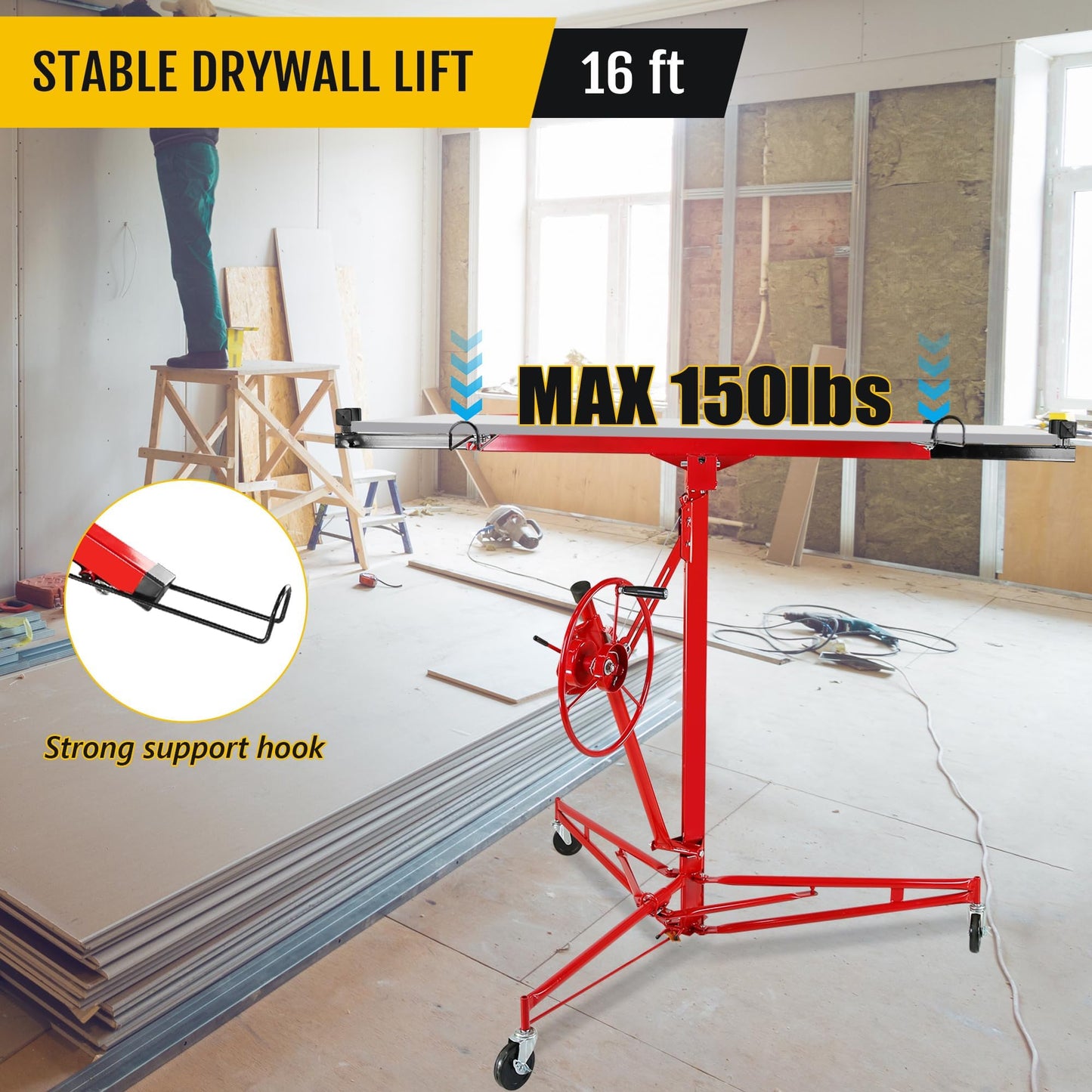 6.2FT to 16FT Adjustable Drywall Hoist – 150LB Capacity Sheetrock Lift with 360° Rotation & 60° Tilt, Heavy Duty Rolling Jack for Ceiling and Wall Installation – Ideal for Contractors