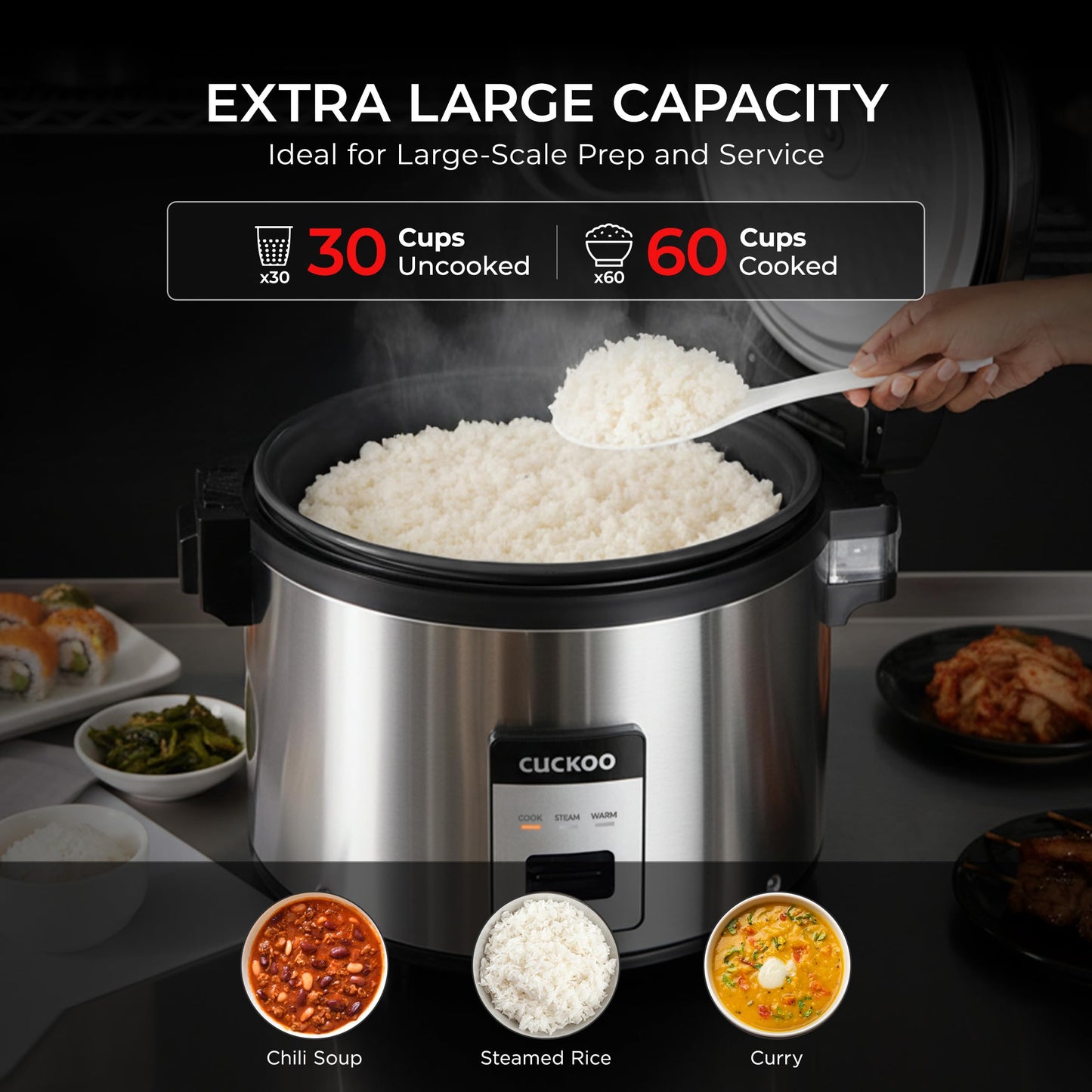 CUCKOO Commercial Rice Cooker & Warmer, Extra Large Rice Cooker 30-Cup Uncooked / 60-Cup Cooked, Professional Industrial Grain Cooker with Large Capacity, Easy One-Touch Operation, Silver (CR-3055)