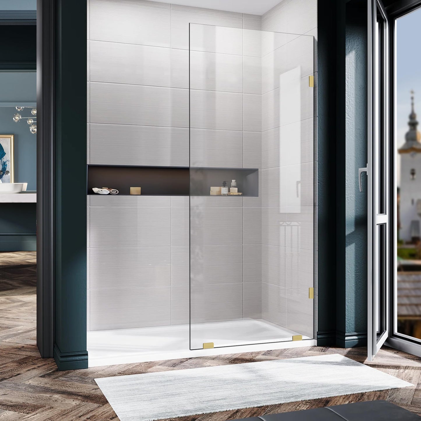 Bathroom Shower Glass Door 32 * 78" - 5/16"(8mm) Thick Clear Tempered Glass Panel, Fixed Hinged Framless Shower Glass Door with Clamps, Brushed Gold