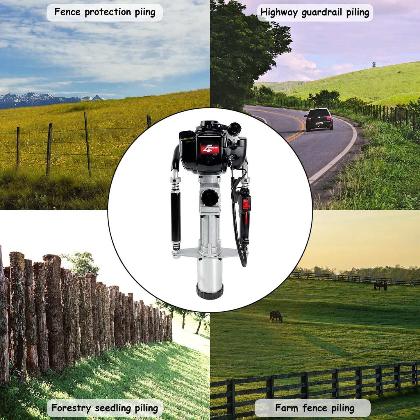 4 Stroke Gas Powered T Post Driver Hammer Drill, 37.7CC Air Cooling Single Cylinder Gasoline Petrol Fencing Tool with 3 Post Driving Head - 45mm,55mm,88mm pile sleeve