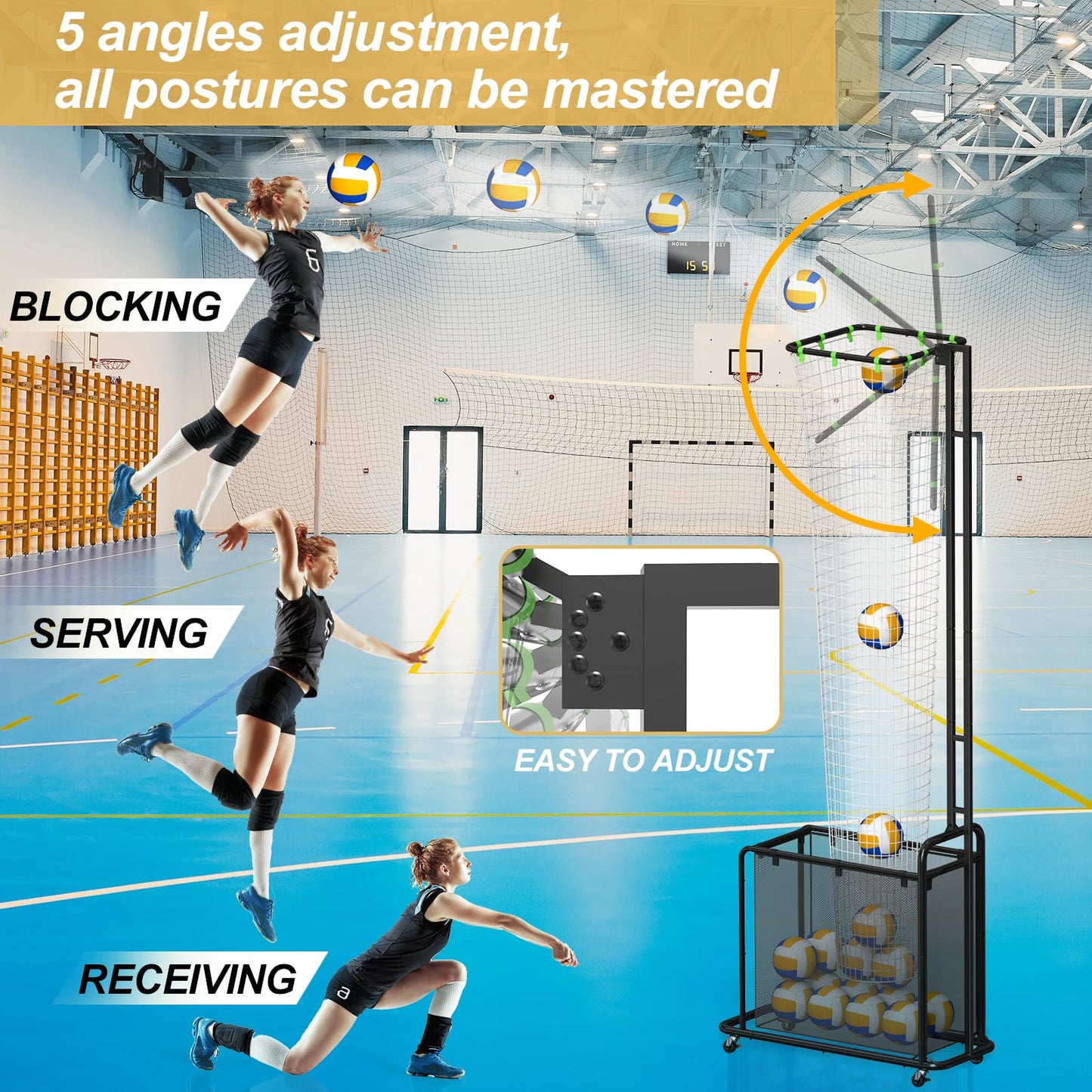 Volleyball Setter Training Equipment, Setting Trainer Net with Target Hoop, 5 Angles Adjustable, Height Adjustable for Serving Spiking Drills System with Ball Collection Bag