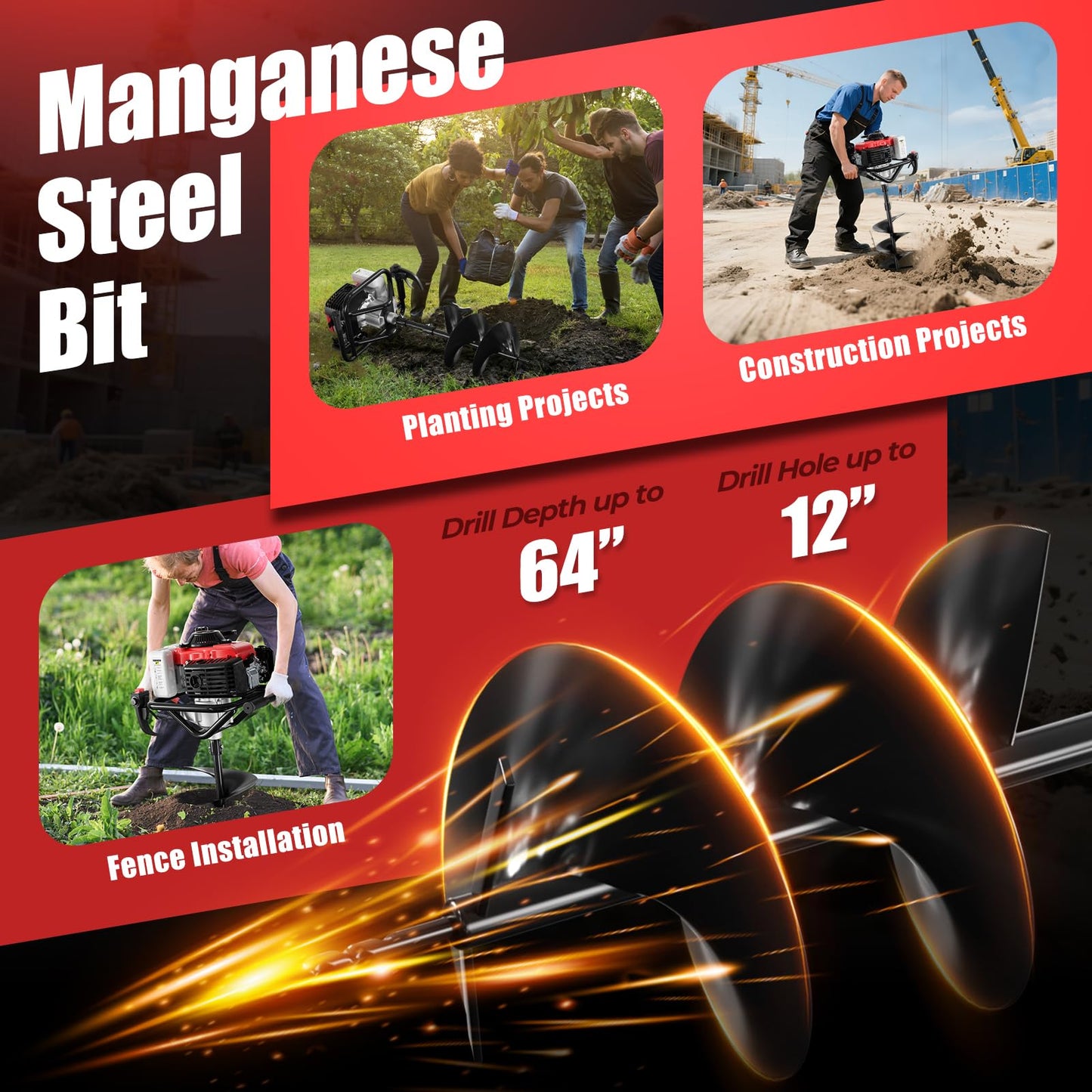Baotree Post Hole Digger, 68cc Auger Post Hole Digger, 4-Stroke Gas Powered Earth Digger with 2 Auger Drill Bits(6" & 8") + 2 Extension Rods, for Farmland, Garden and Plant (68CC)
