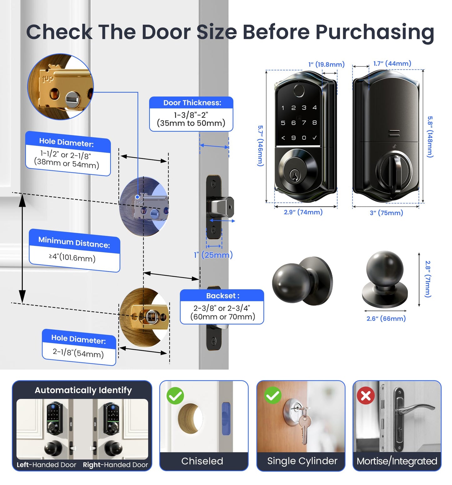 Veise VE017-K Fingerprint Smart Lock with 2 Knobs, App Control, Keyless Entry Front Door Lock Set, Electronic Touchscreen Keypad Deadbolt, Emergency Power Port, Easy Install, Auto-Lock, Matte Black
