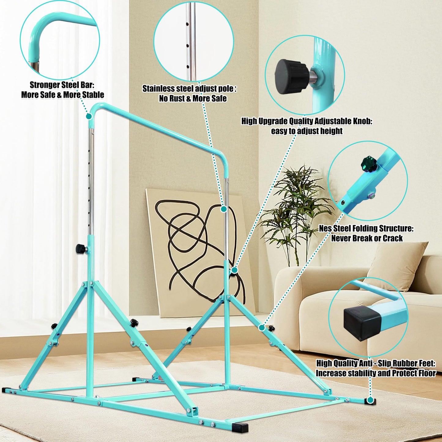 MARFULA Foldable Gymnastic Bar for Kids Ages 3-12, 9 Height Levels, 200 lbs Weight Capacity, 5 Ft Length Gymnastic Kip Bar with Mat, Gymnastic Equipment for Home and Gym Center Indoor Outdoor Use