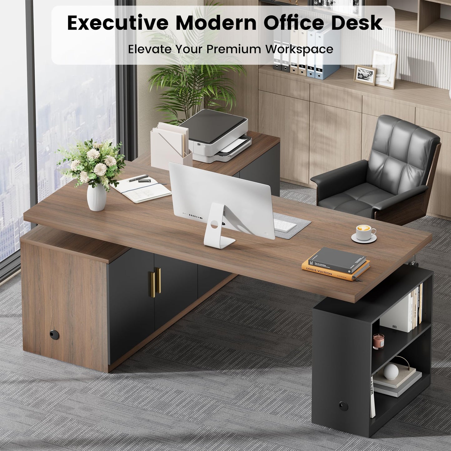 ModernMate L Shaped Electric Standing Desk with Drawers & File Cabinet, 67x60 Corner Executive Workstation, 59" One-Piece Desktop, Height Adjustable with Charging Station for Home Office, Black Walnut