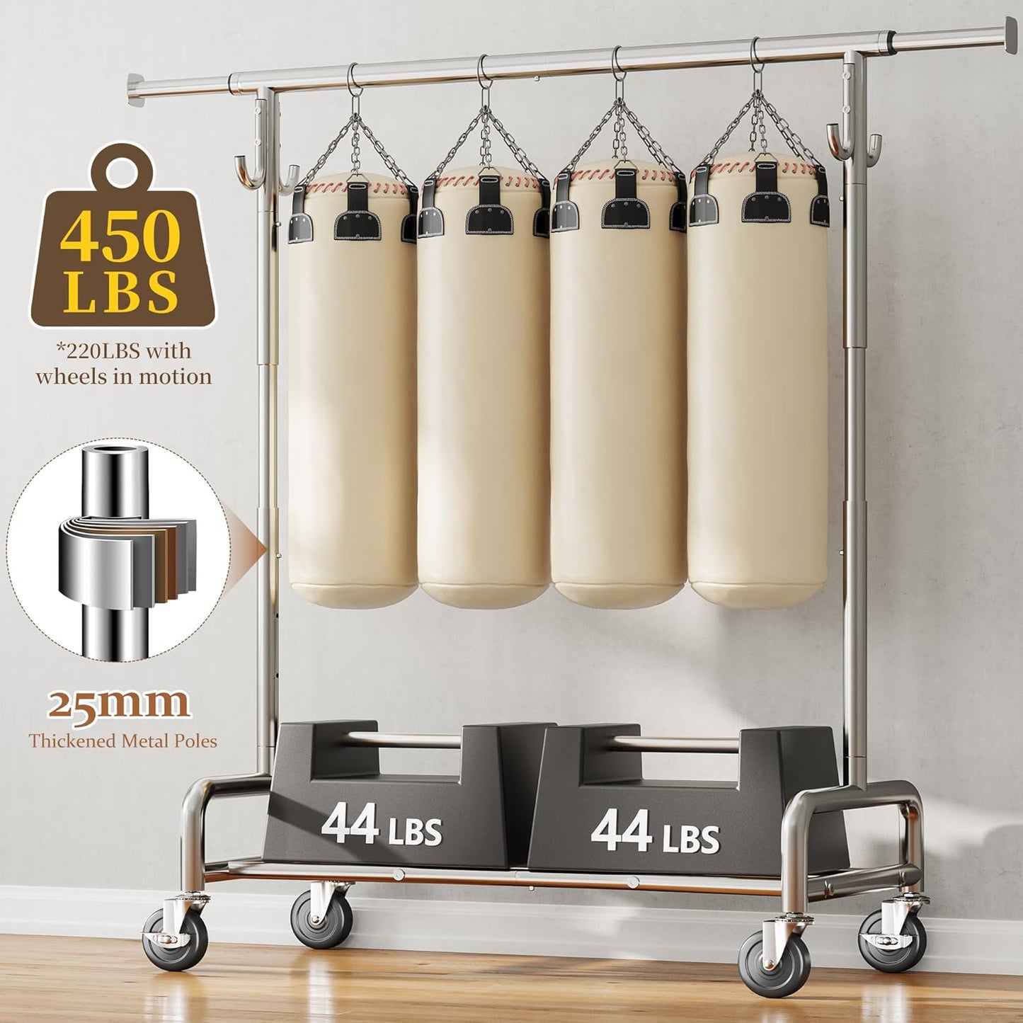 Raybee Heavy Duty Clothes Rack - 75" Extra Wide, 450 LBS Capacity, Lockable Wheels & 4 Hooks