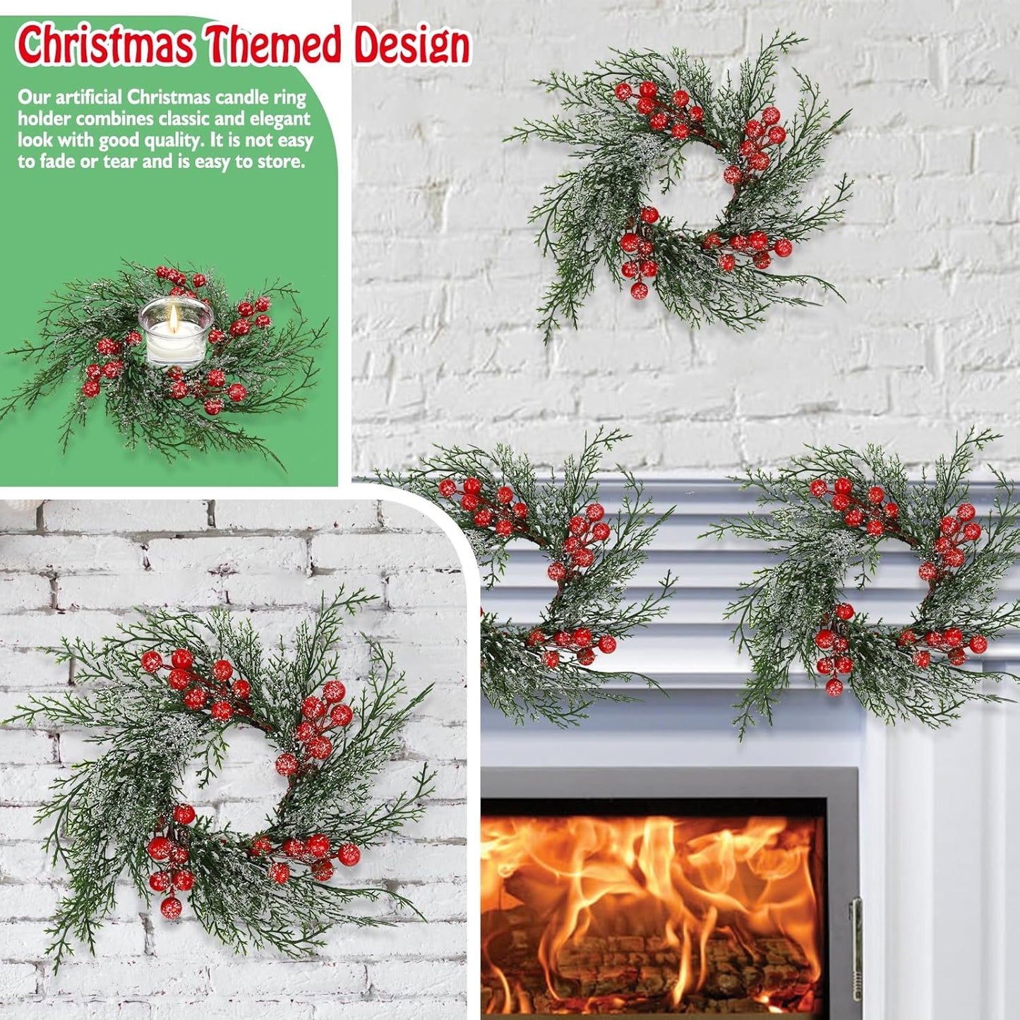 Regine Switzerland Christmas Candle Rings - 10 Pcs Artificial Wreaths with Red Berries & Snowy Pine | Festive Table Centerpiece