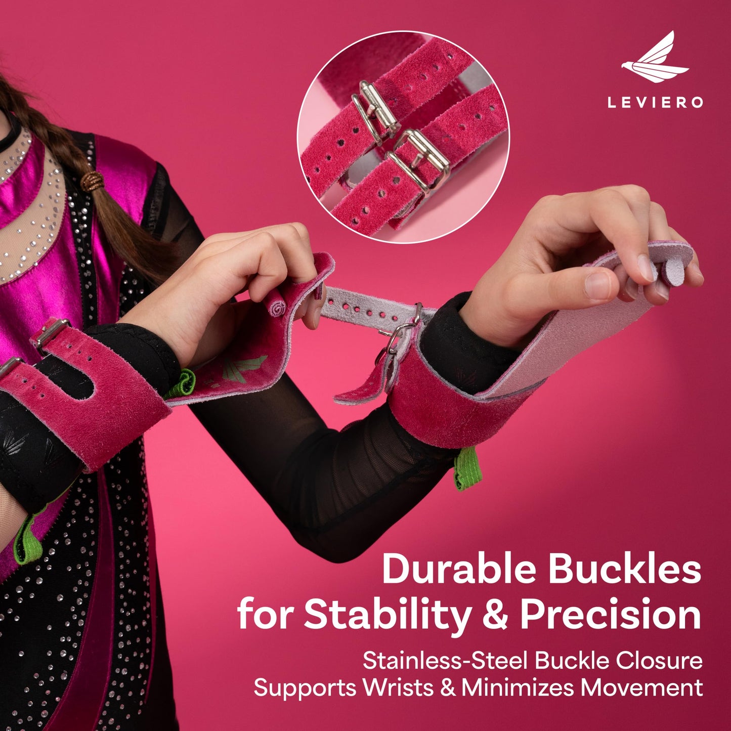 LEVIERO Gymnastics Grips Set, Grips for Gymnastics Girls, Dowel Grips with Soft Leather, Double Buckle Wrist Closure, and Adjustable Finger Holes, for All Ages - (Pink, 000)