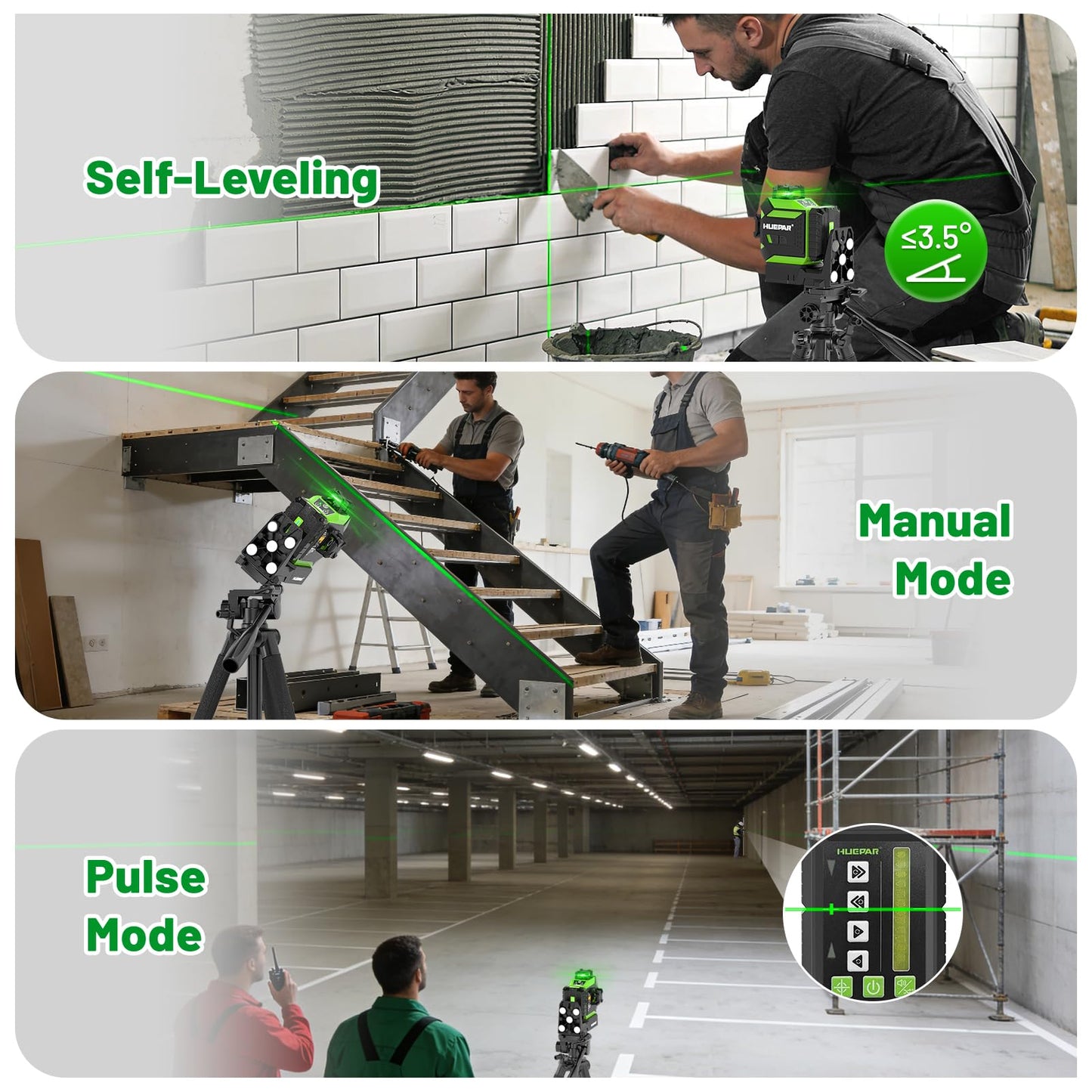 Huepar Laser Level 360 Self Leveling Outdoor with Fixed-Point Pivot Alignment Adjustment, 1/13"Precision Lazer Leveler with Pulse Mode, Adjustable Brightness, Remote Control Receiver, Solo Projects