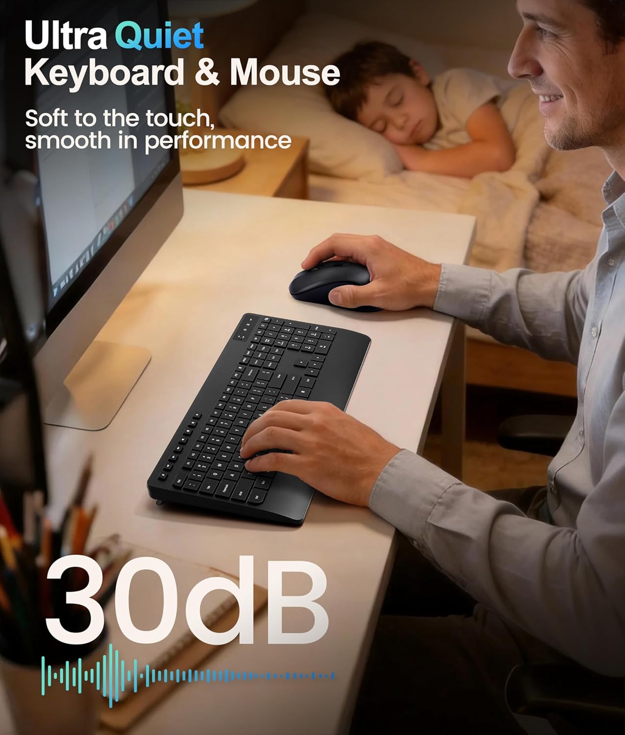 Hamile 3-Level 2.4GHz Quiet Wireless Keyboard and Mouse Combo DPI Silent Mouse, Full-Size Ergonomic Wrist Rest