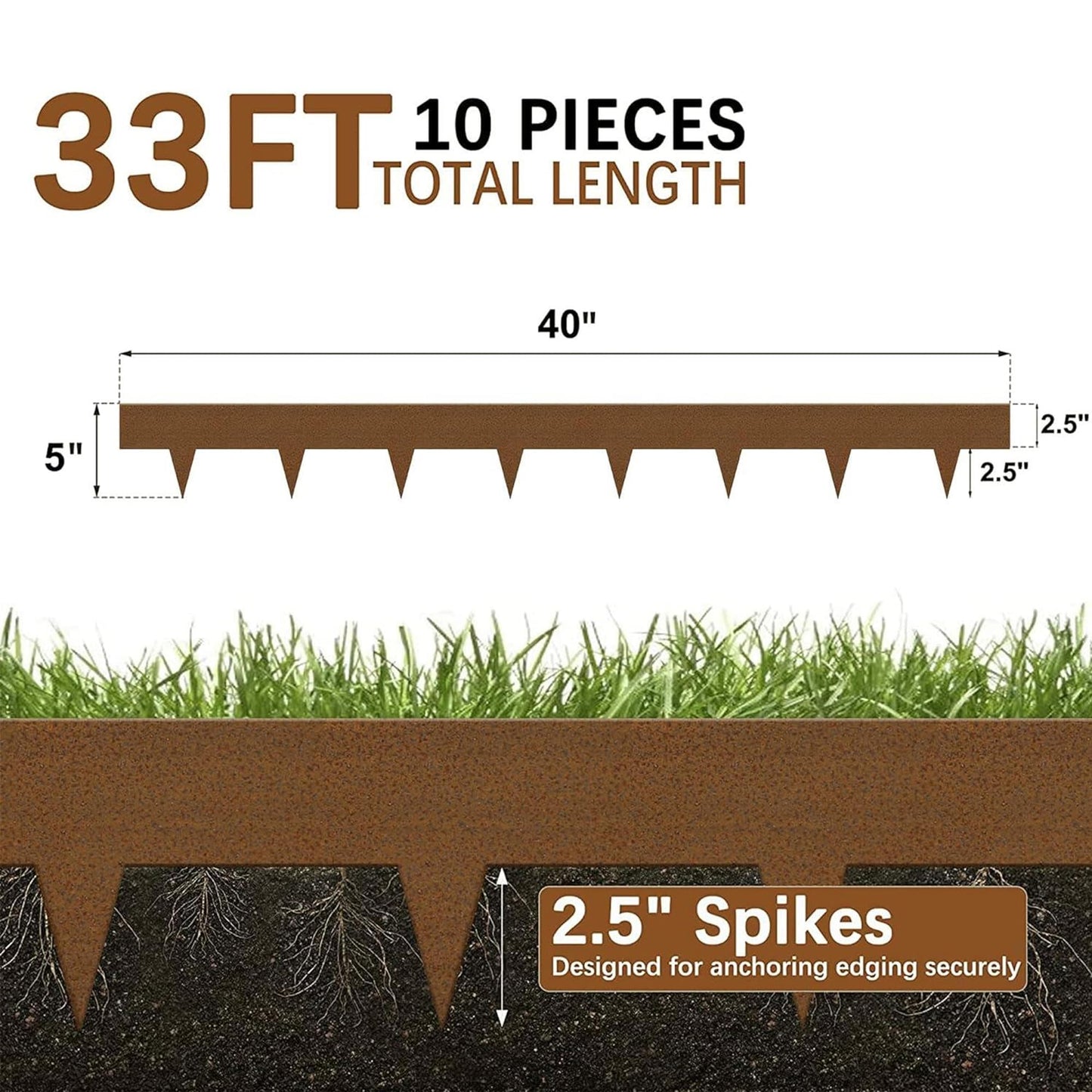 Worth Garden 10-Pack Corten Steel Landscape Lawn Edging - 5in H (2.5" above ground + 2.5" spikes) Rust Patina Bendable Metal Strips - Hammer-in Border with 11 Clips - Yard Pathway Divider (33Ft Total)