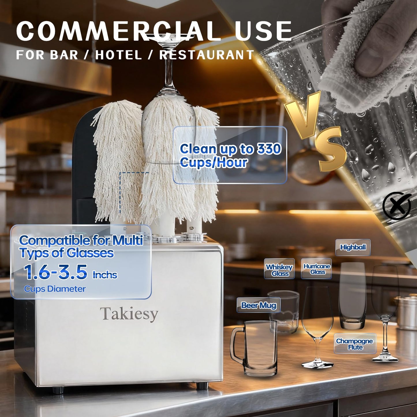 Takiesy Commercial Glass Polisher Machine with 6 Microfiber Brushes, 330 Cups/Hour, 136℉ Warm Air Drying & LFGB Certified Heads, Stainless Steel Build for Wine Beer Glasses in Bar Restaurant Hotel