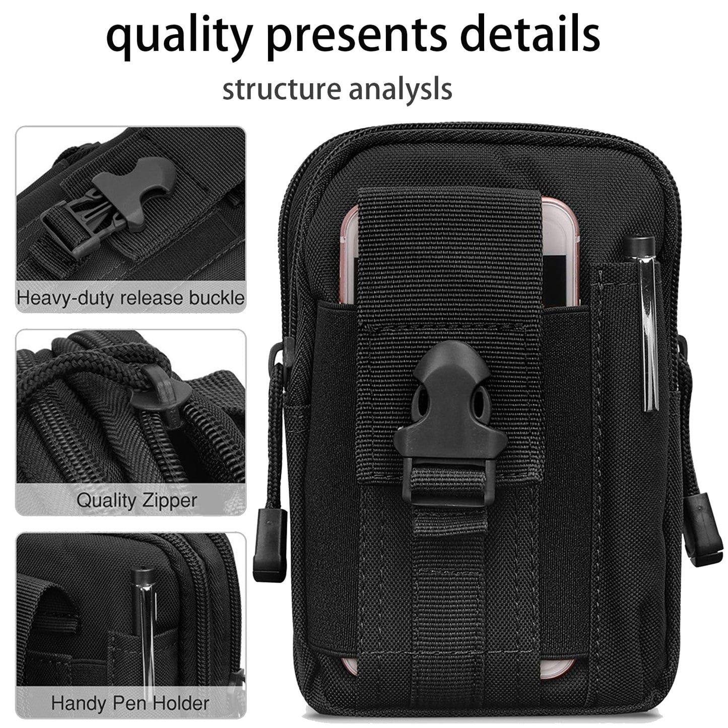 2 Pack Tactical EDC Pouch, Small Utility Pouches molle Phone Pouch Tool Pouch Belt Pouches for Men Tactical Vest Accessories with Aluminum Alloy Carabiner - Black