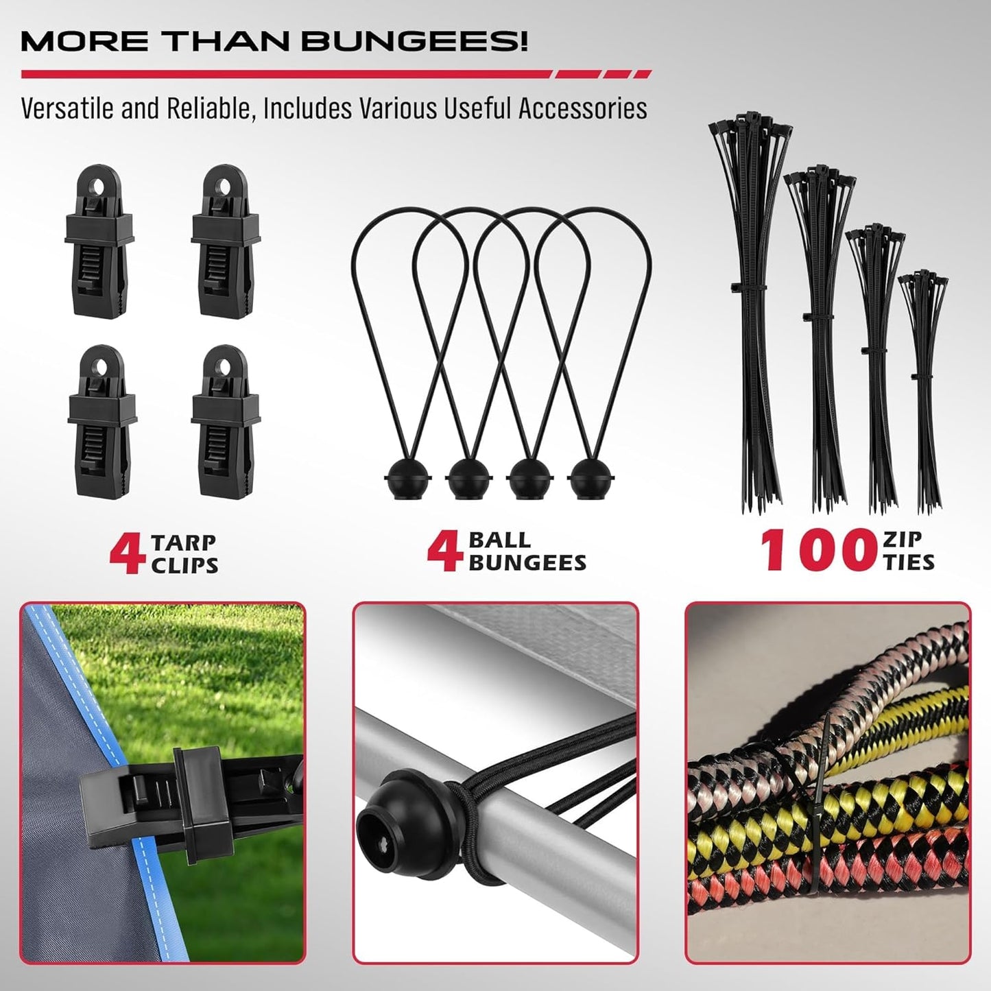 Bungee Buddy Heavy Duty Bungee Cords - 129 PCS Set with Hooks, Clips, and Storage Bag | 18"-40" Lengths
