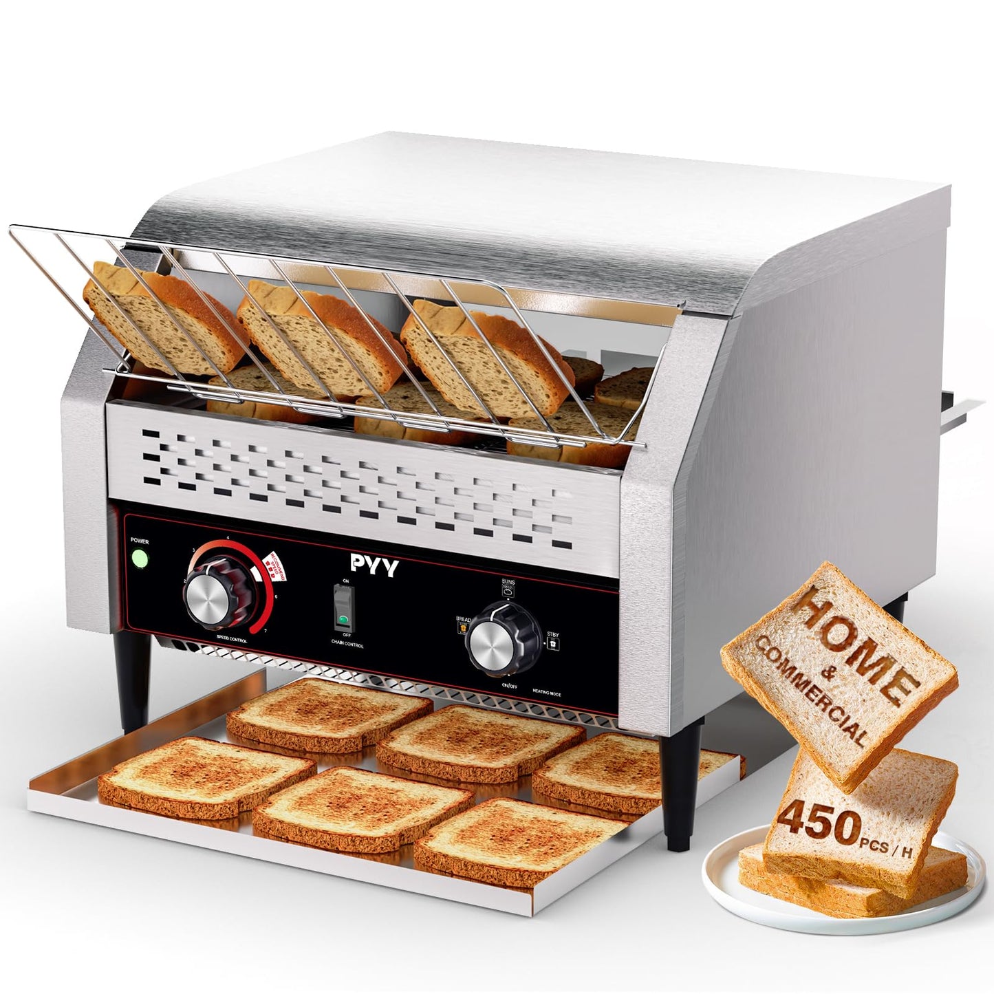 PYY Commercial Conveyor Toaster 450pcs/h - Commercial Toaster for Toast, Bun, Bagel, Bread, Heavy Duty Stainless Steel Toaster Oven for Restaurant, Bakery, Buffet Use