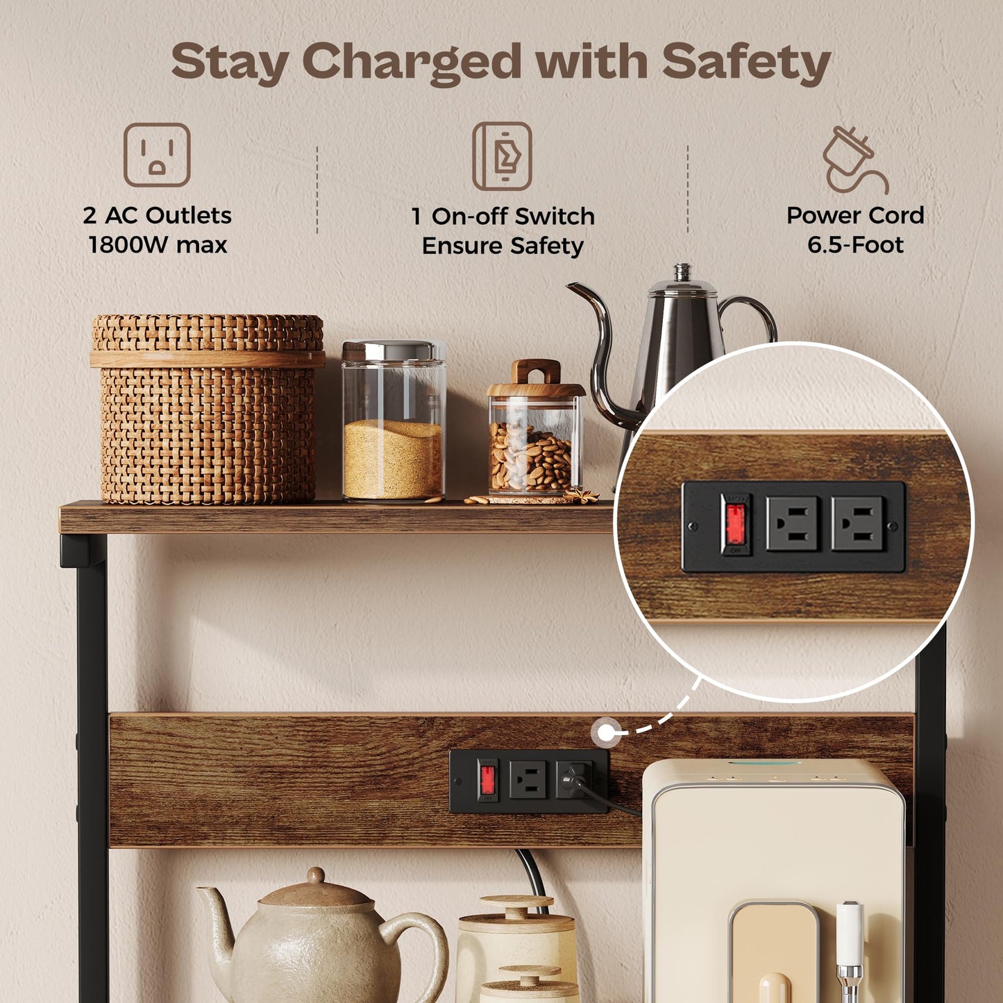 SUPERJARE Kitchen Bakers Rack with Power Outlet, Coffee Bar Table 4 Tiers, Kitchen Microwave Stand with 6 S-shaped Hooks, Storage Shelf Rack for Spices, Pots and Pans - Rustic Brown