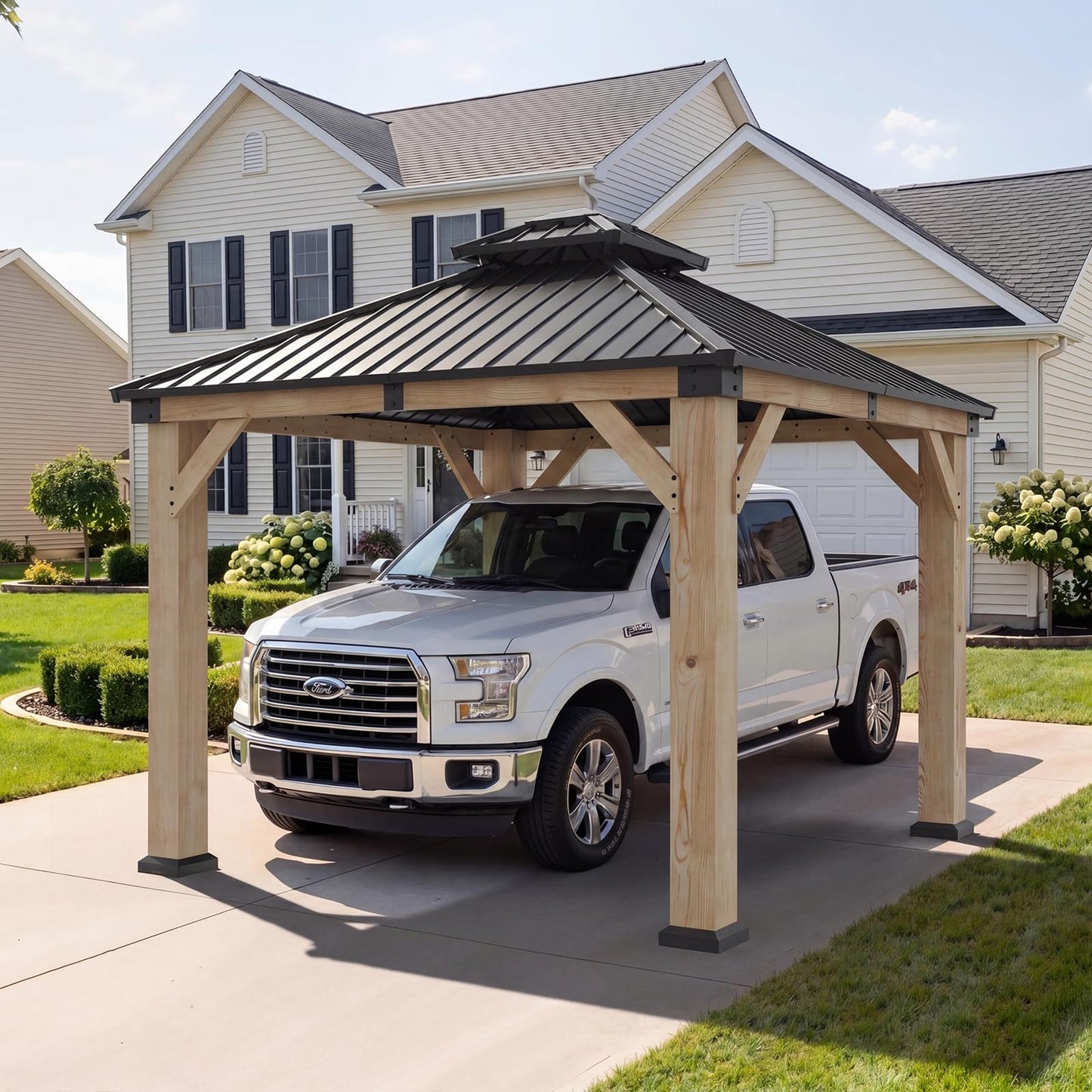 Aoxun 10' x 10' Outdoor Cedar Wood Hardtop Carport, Heavy Duty Gazebo with Double Galvanized Steel Roof, All-Weather Wind & Snow Resistant Permanent Pavilion for 2 Cars, Boat, Patio, Backyard