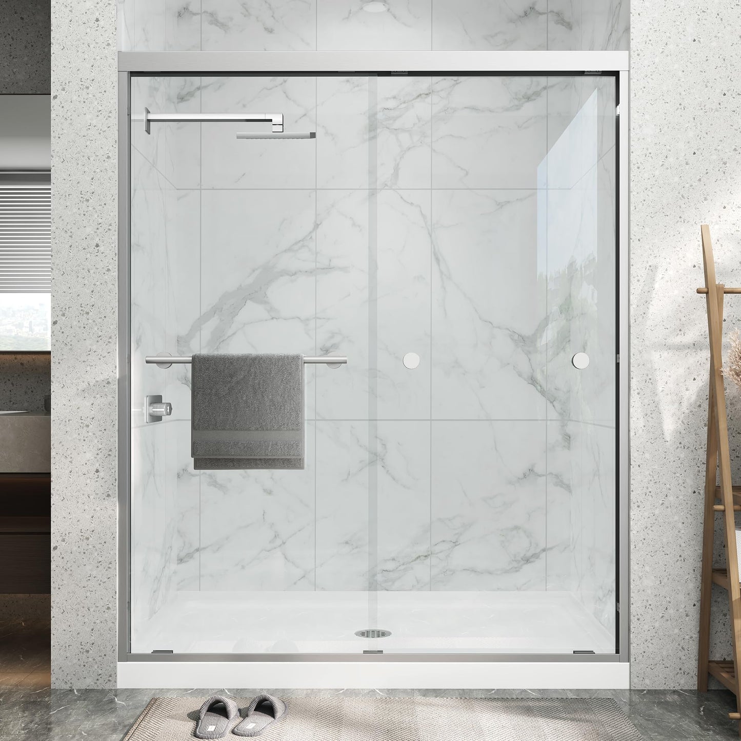 Double Sliding Shower Door 61-66" W x 72" H,Semi-Frameless Glass Shower Door with Nano Explosion-Proof Safety Film, 1/4"(6mm) Tempered Glass,Easy-Clean Bypass Walk-in Shower Door,Brushed Nickel
