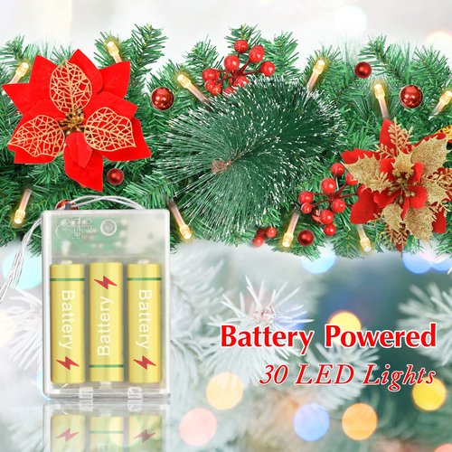9Ft Pre-lit Christmas Garland with LED Lights Battery Operated, Holiday Decoration Stairs Wall Mantle Door Indoor Outdoor, Decorated with Red Flower, Balls, Berries, Snowy Pine, Christmas Collection
