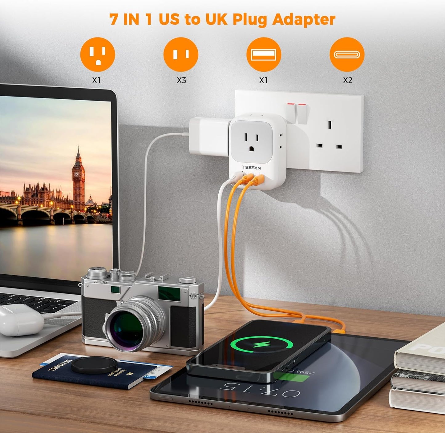 TESSAN 4 3 (2 US to UK Plug Adapter, Type G Travel Adaptor with Electrical Outlets USB Ports USB C), Ireland Power