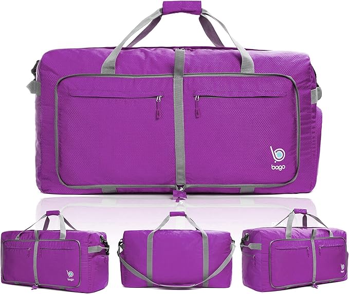 Bago Big XXL Foldable Duffel Bags for Traveling Women & Men - 140L Packable Duffle Bag for Travel with Shoe Compartment - Water Repellant, Heavy Duty, Lightweight Folding & Collapsible (Purple)