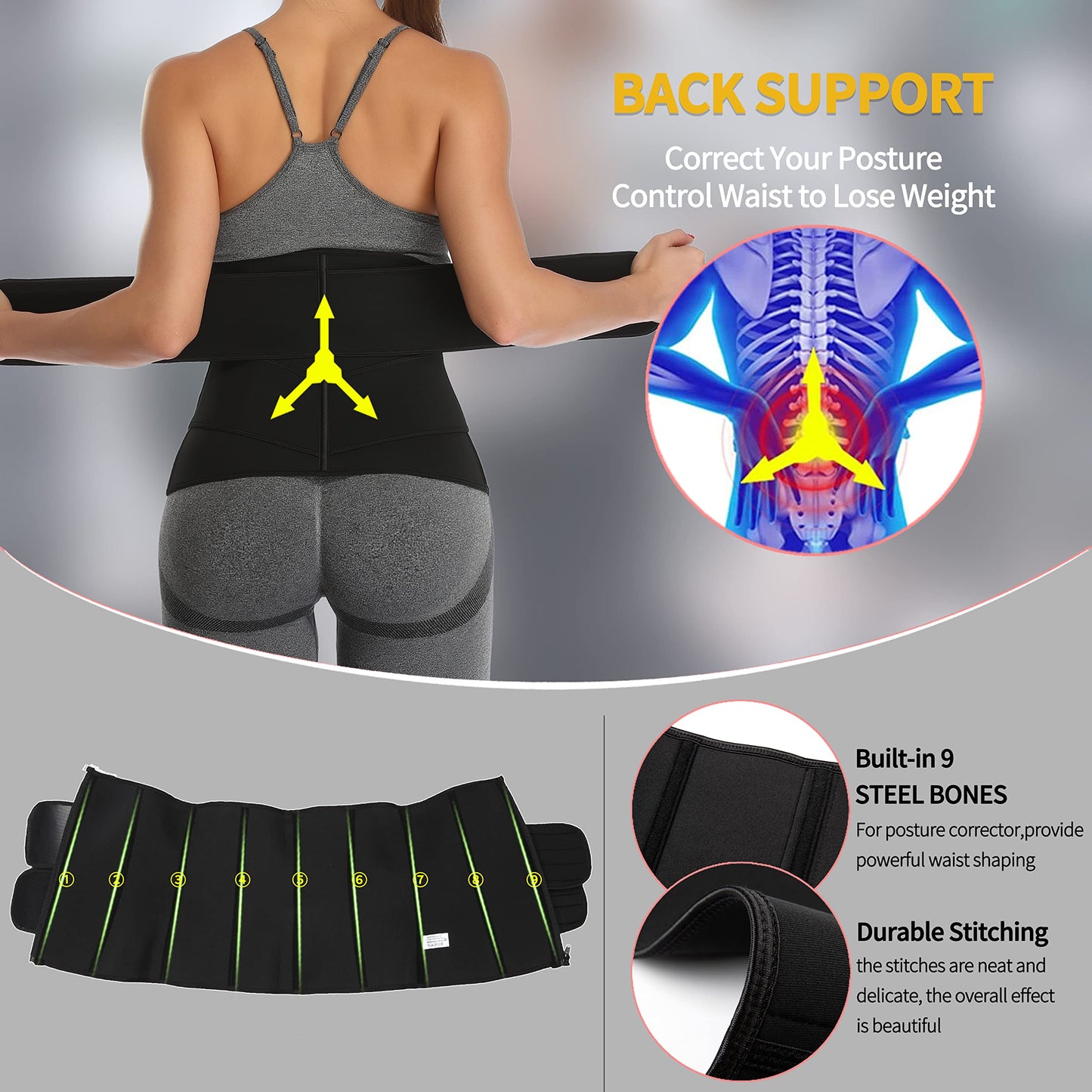 KIWI RATA Neoprene Sauna Waist Trainer Corset Sweat Belt with 2 Straps for Women Sweat Band Compression Cincher Workout Fitness Trimmer,#1 Zipper Black,Small
