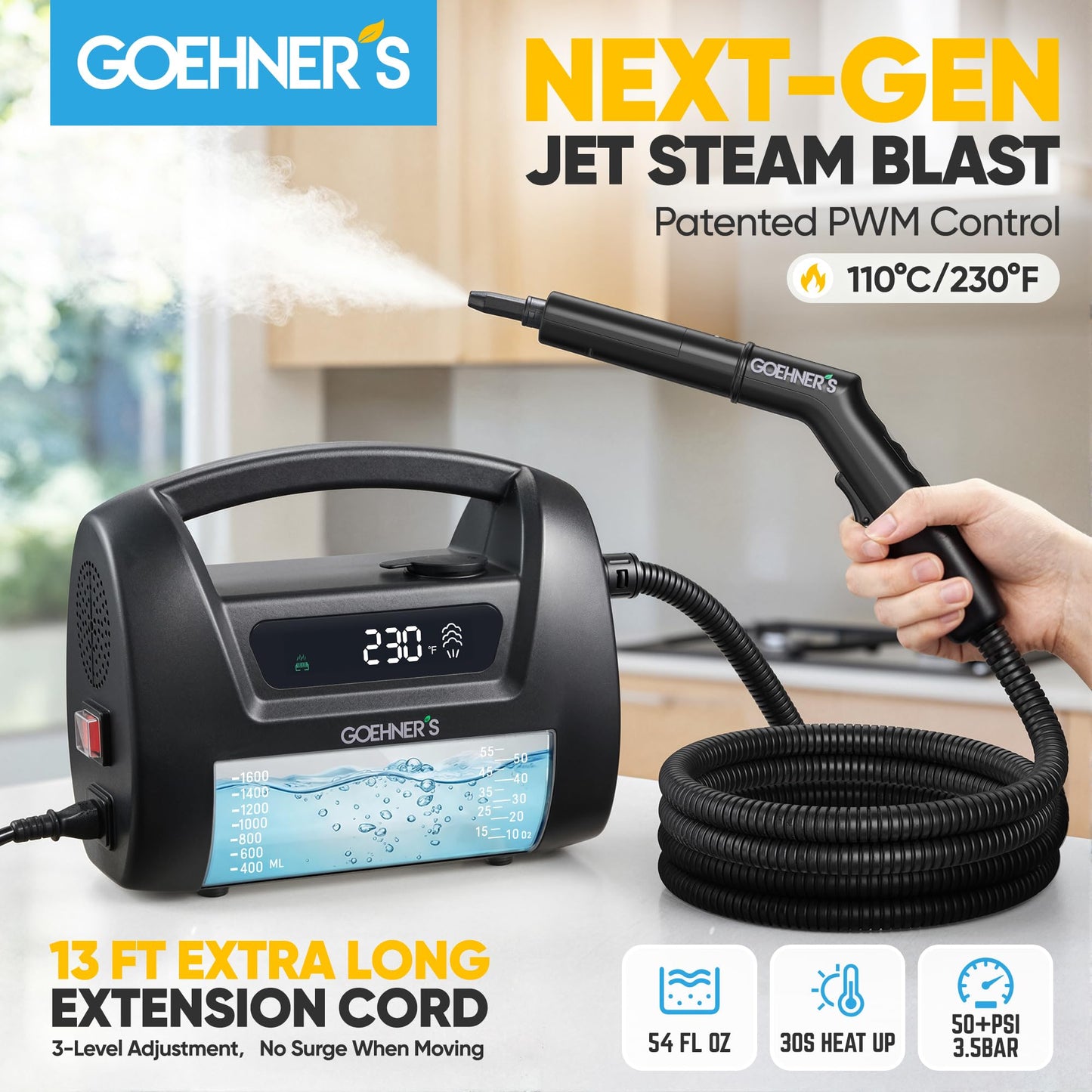 𝐔𝐩𝐠𝐫𝐚𝐝𝐞𝐝 Handheld Steam Cleaner for Home, 230°F/3.5Bar High Pressure Hand held Steam Cleaner for Car Detailing with 13ft Cord, 30s Heats Portable Steamer for Cleaning Grout (Black)