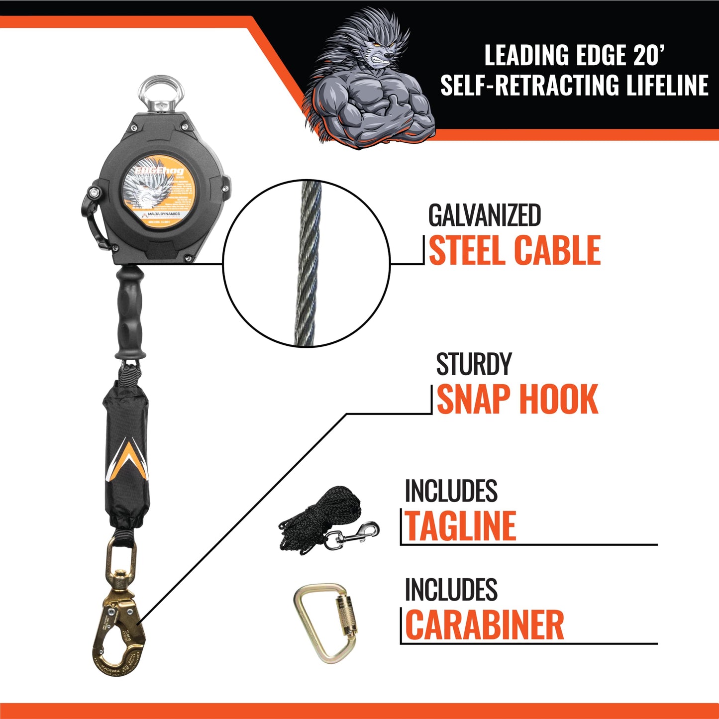 Malta Dynamics Edgehog Self Retracting Lifeline – 20’ Leading Edge Fall Protection Yoyo Cable, Class 2 Retractable Lanyard with Quick-Action Brake, OSHA and ANSI Compliant Safety Lanyard