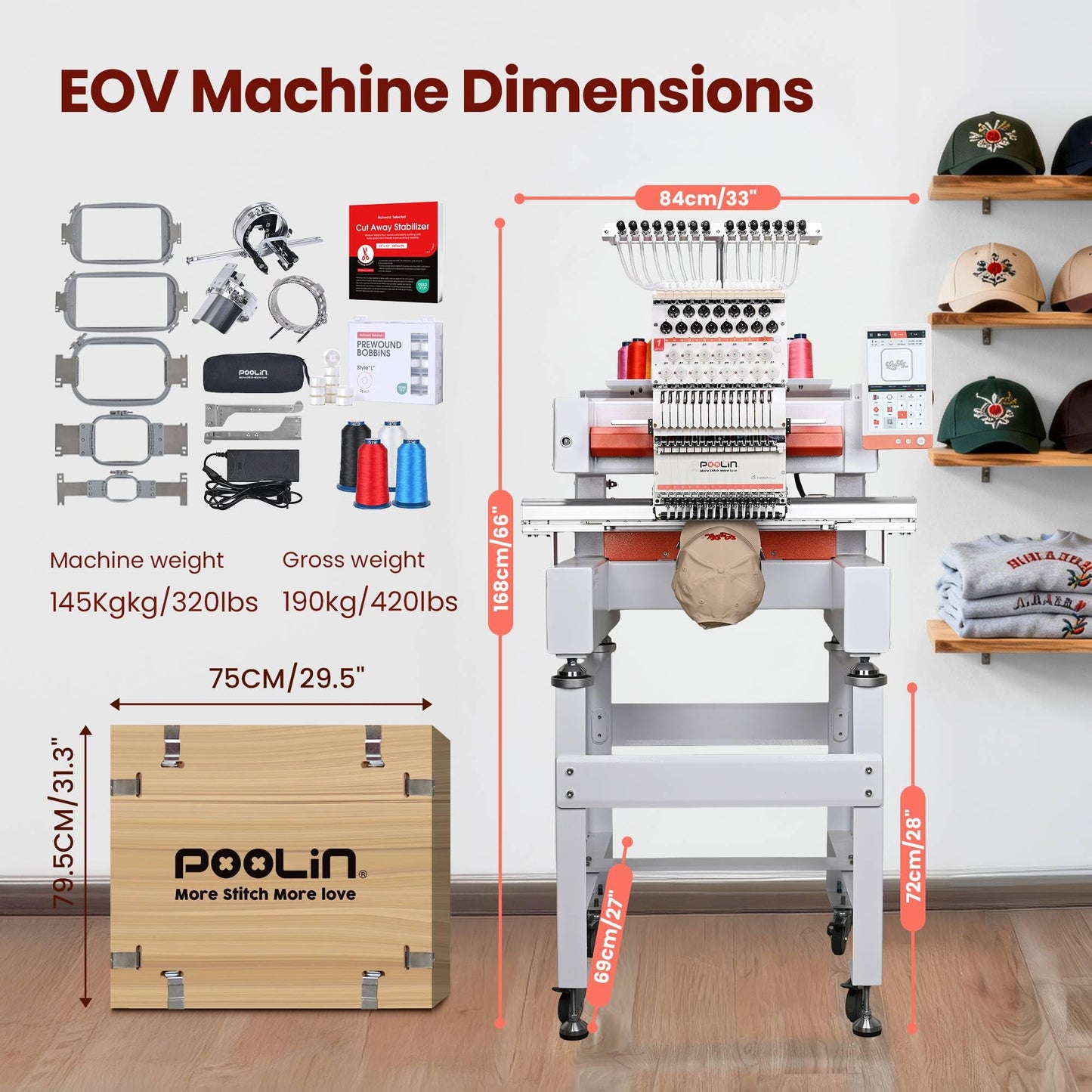 POOLIN EOV 15 Needle Professinoal Embroidery Machine,14.2"x9.5" Large Area,Multi-Needle for Small Business & Home Shop,3D Cap & Hat,Flat Embroidery,Pro Built for Daily Production