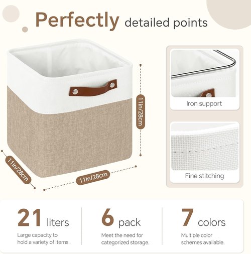 FinishingBo Cube Storage Baskets - 6 Pack 11x11 Inch Bins with Leather Handles for Closet | White & Khaki