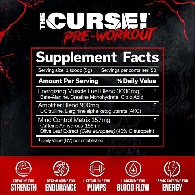 JNX SPORTS The Curse! Pre Workout Powder for Men & Women, Caffeine, Beta-Alanine, Creatine, L-Citrulline, 50 Servings, Dark Grape Flavor ??Boost Energy, Strength & Focus