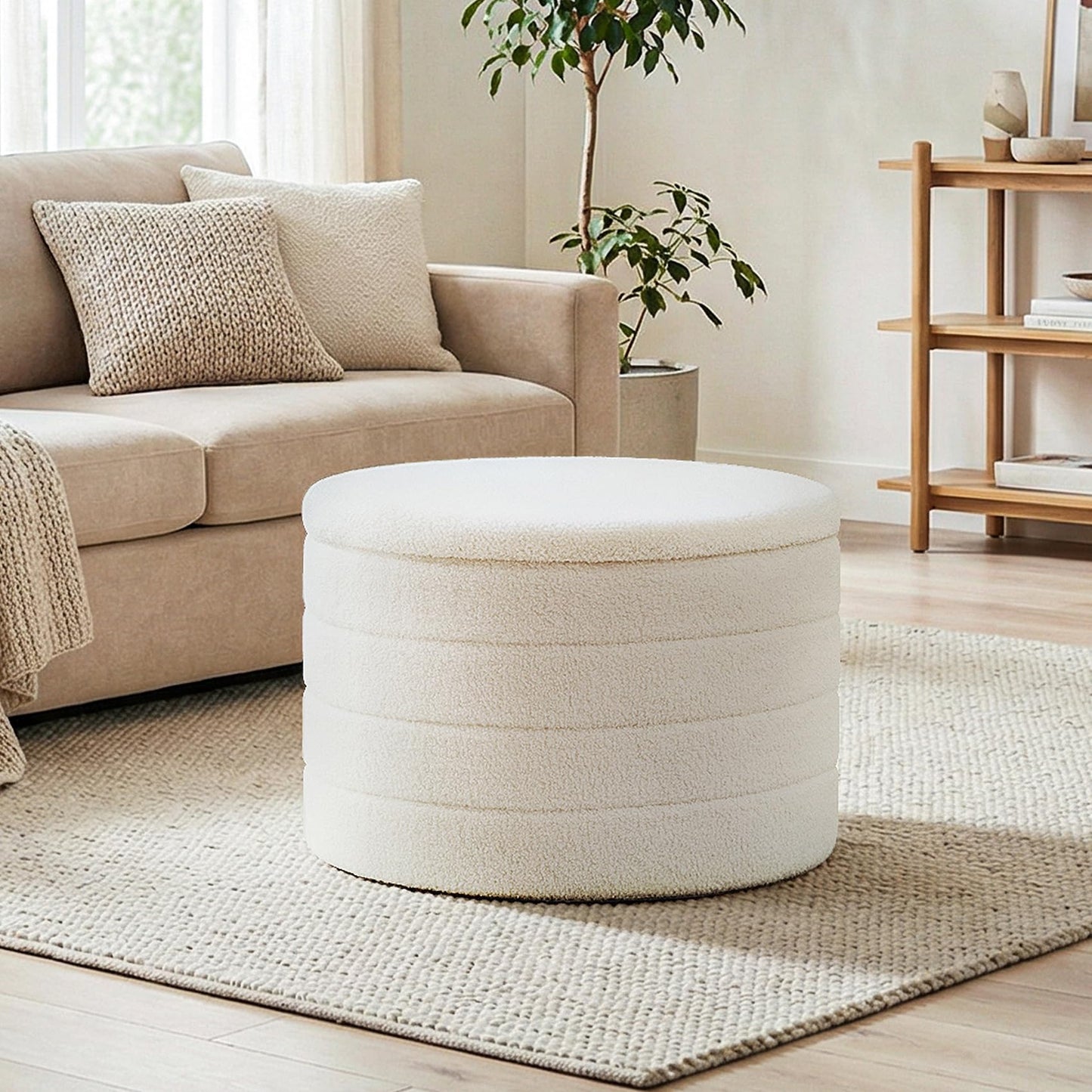CAIPINFUL 22" Round Storage Ottoman,Boucle Sherpa Ottoman with Tray, Faux Teddy Foot Rest Coffee Table for Bedroom Dorm Living Room,White