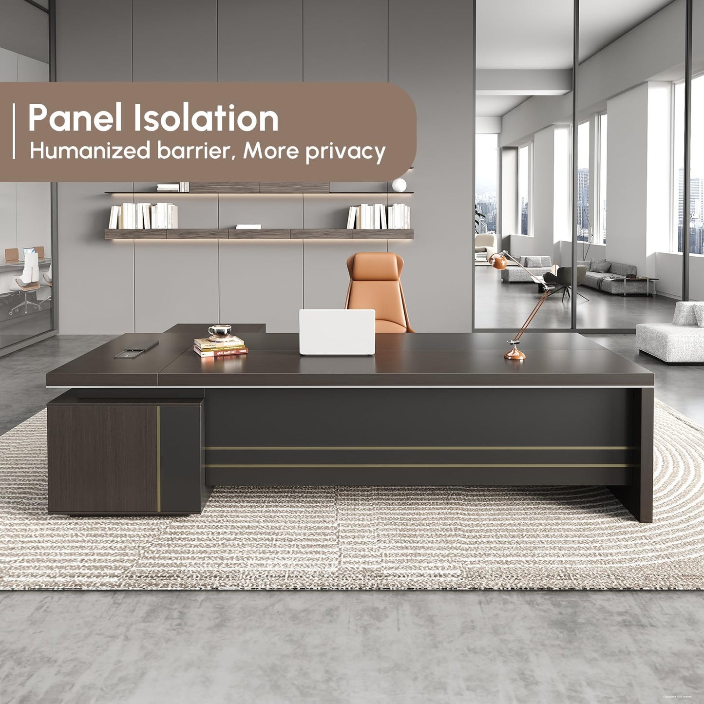 Nuipesn 79-Inch Reversible L-Shaped Executive Desk with Drawers, Open Shelves, Power Outlet & USB Ports, Ventilated CPU Compartment, Large Home Office Desk, Obsidian Grey & Walnut, 79"L x 65"W x 30"H