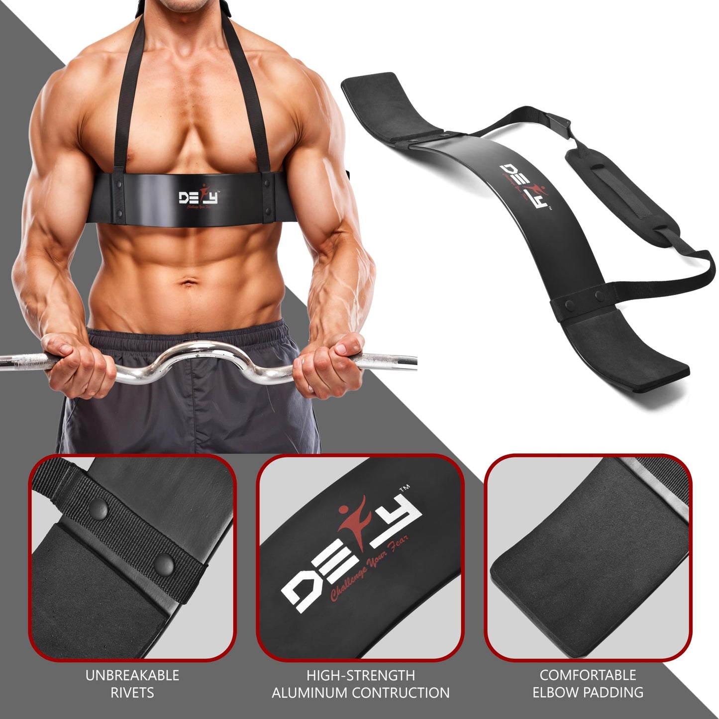 DEFY Arm Blaster for Biceps and Triceps Adjustable Curl Support with Durable 7mm Aluminum Plate and Neck Pad for Strength Training Bodybuilding isolator Curl Machine - Black