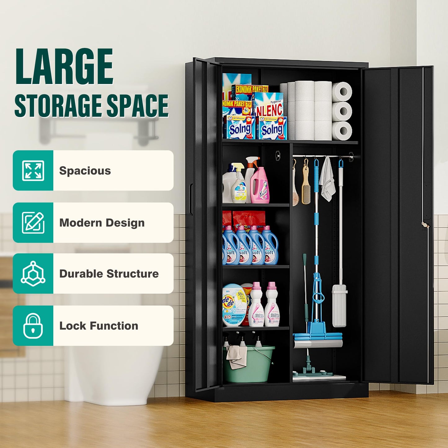 Wide & Deep Metal Storage Cabinet with Hanging Rod,Black Broom Closet Storage Cabinet with Lock,72" Tall Wardrobe Cabinets with Doors and Shelves,Locking Steel Tool Cabinets for Home,Office,Garage